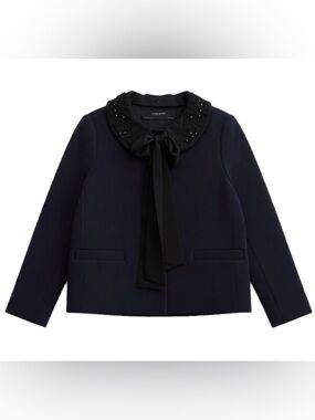 Zara Embellished Peter Pan Collar Navy Jacket with Bow